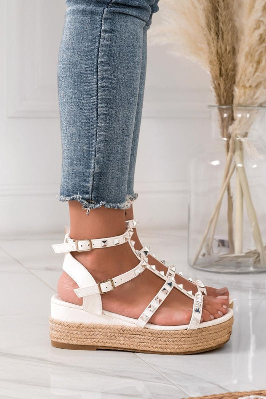 White espadrille sandals with silver studs