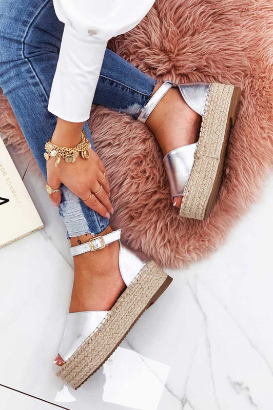 LICIA - Metallic silver espadrilles with wedge and ankle strap