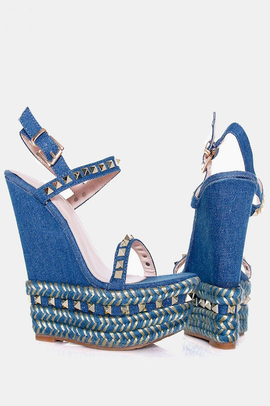 Wedge sandals in denim with studs Togo Blue