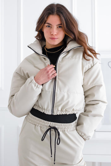 Short beige faux leather jacket