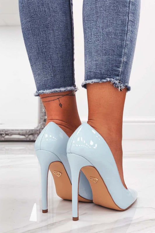 Alexoo blue patent leather pumps with high heel
