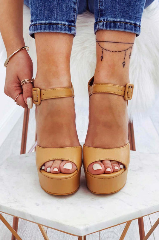 Camel faux leather sandals with high heel