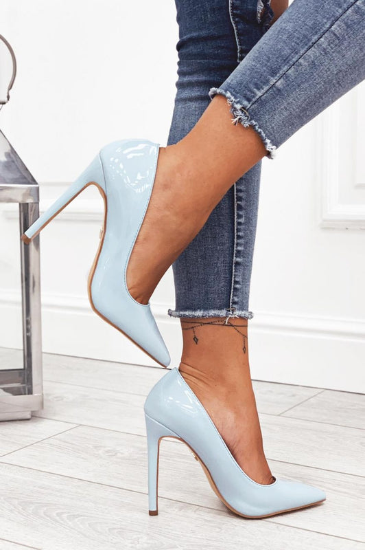 Alexoo blue patent leather pumps with high heel
