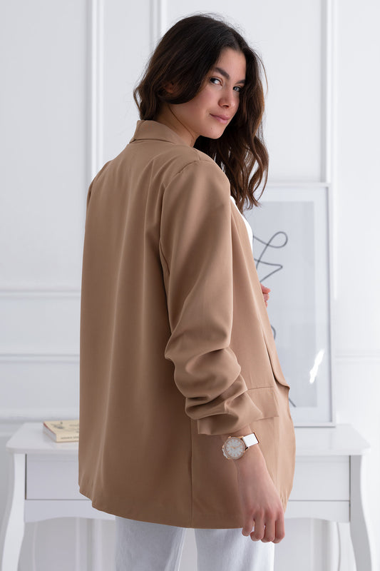 Open mud-colored blazer jacket with ruched sleeves