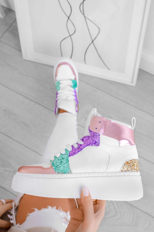 White sneakers with multicolor glitter inserts