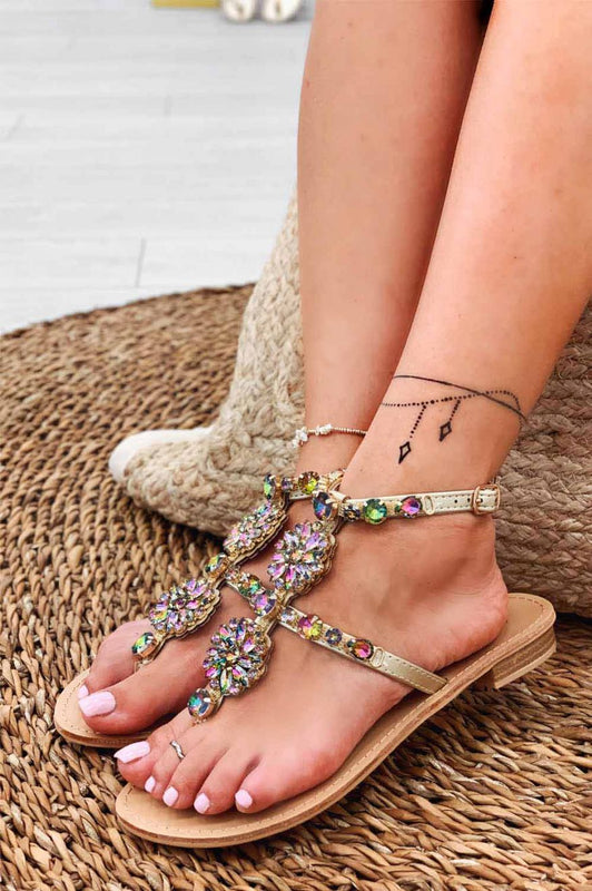 Sandalias planas tipo chancla joya multicolor con piedras