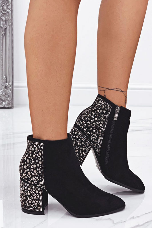 Black ankle boots with jeweled rhinestones