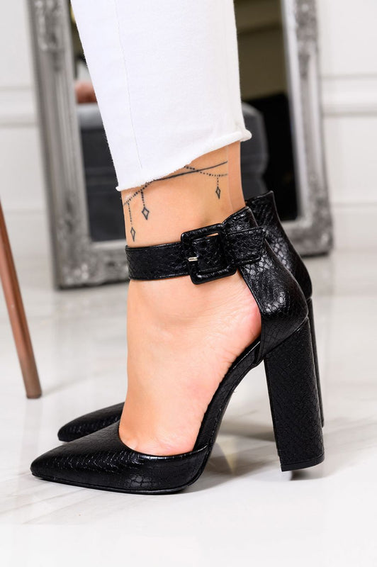 Black python-effect pumps with strap and comfortable heel