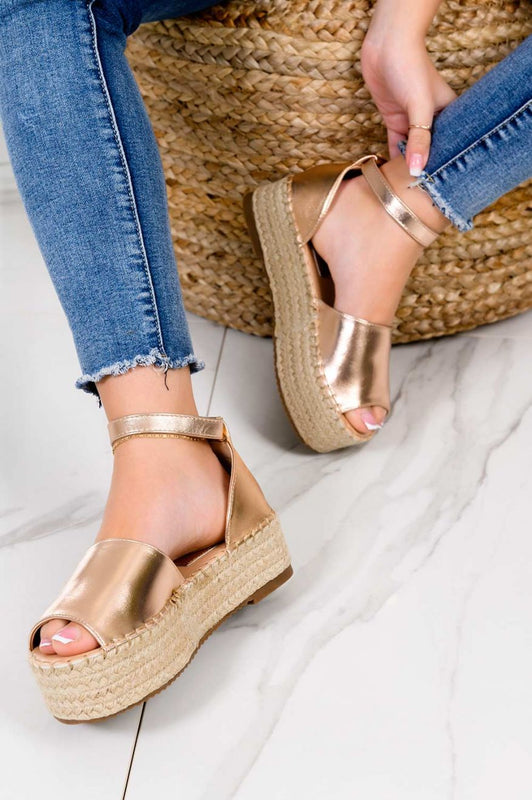 LICIA - Metallic rose gold espadrilles with wedge and ankle strap