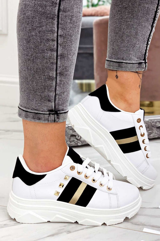 White sneakers with studs and gold inserts