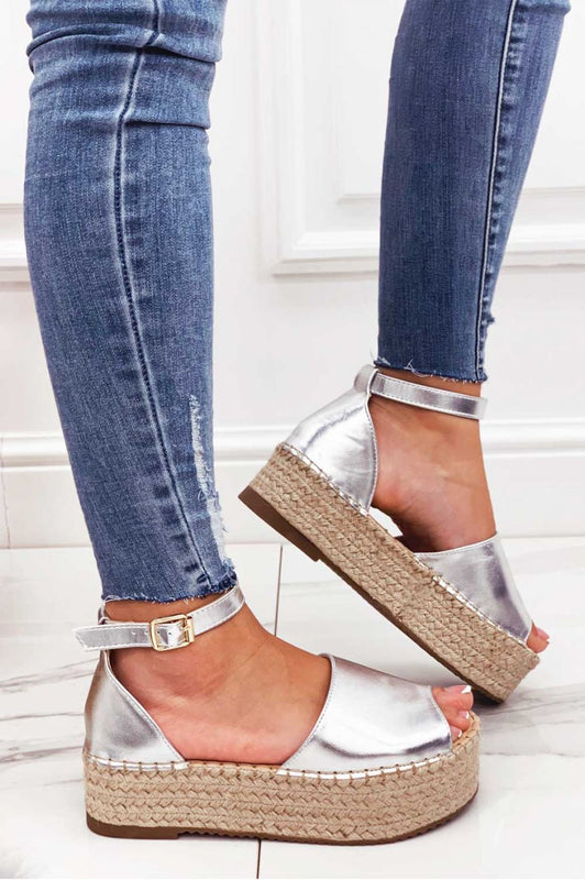 LICIA - Metallic silver espadrilles with wedge and ankle strap