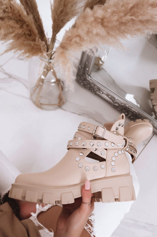 Beige studded biker ankle boots