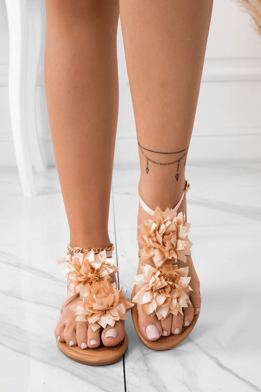 CONNIE - Beige satin thong sandals with applied flower
