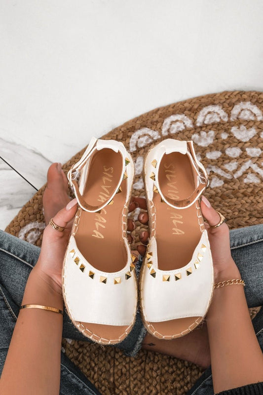 White espadrilles with strap and gold studs