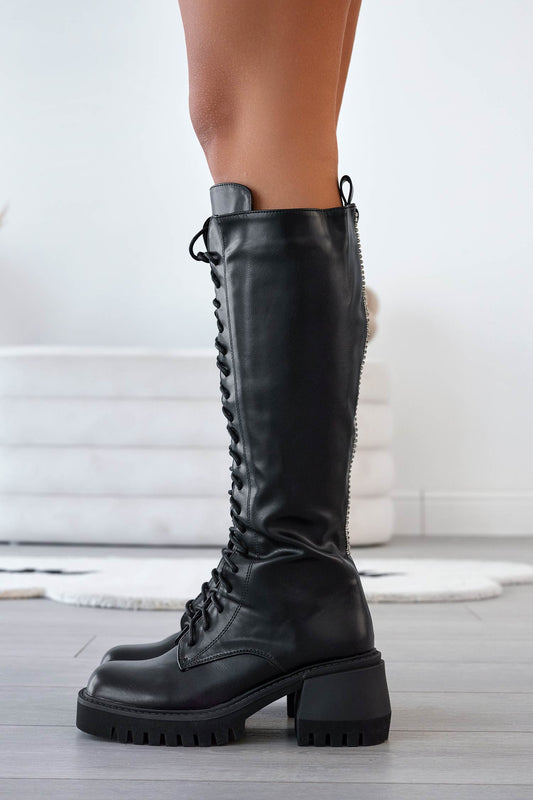 Bottes de combat Alexoo noires avec lacets et strass à l'arrière