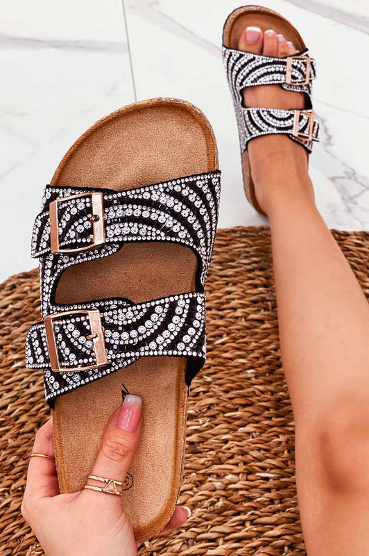 Sandalias tipo chancla negras con hebillas y strass