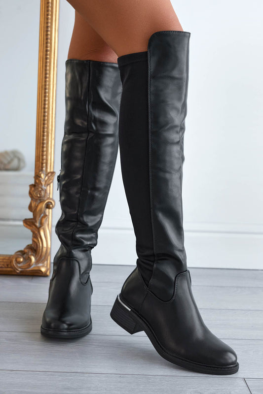 Botas negras por encima de la rodilla con tejido elástico en la parte trasera