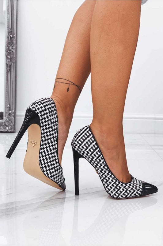 Black houndstooth pumps with patent leather heel and toe