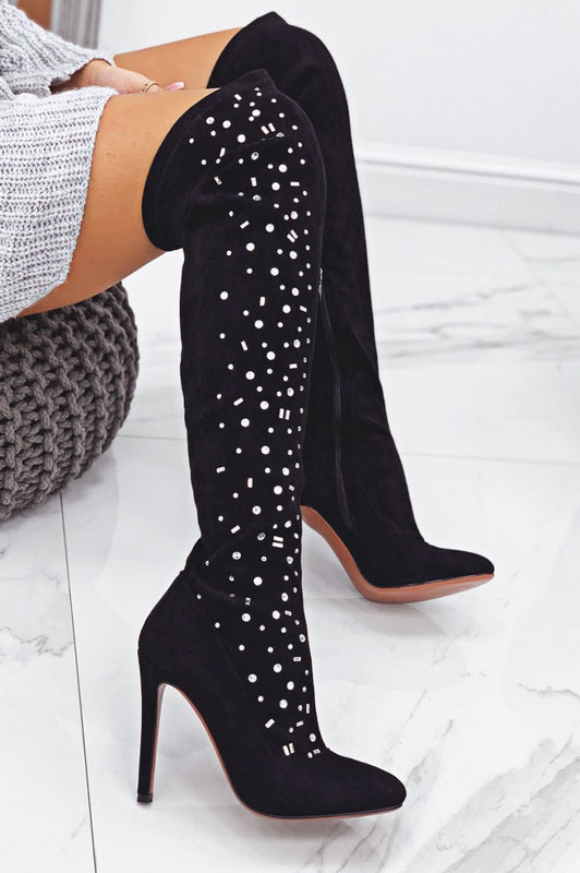 Cuissardes noires à talons hauts avec strass