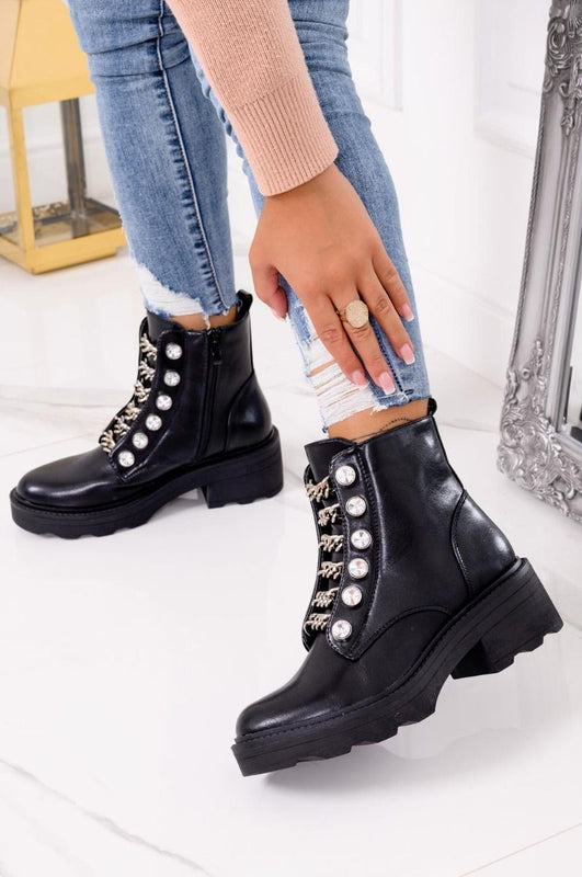 Black biker ankle boots with chains and rhinestones