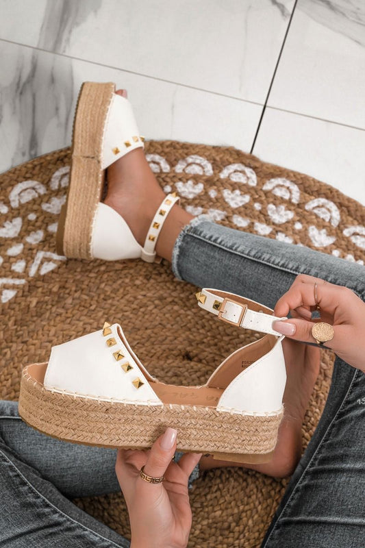 White espadrilles with strap and gold studs