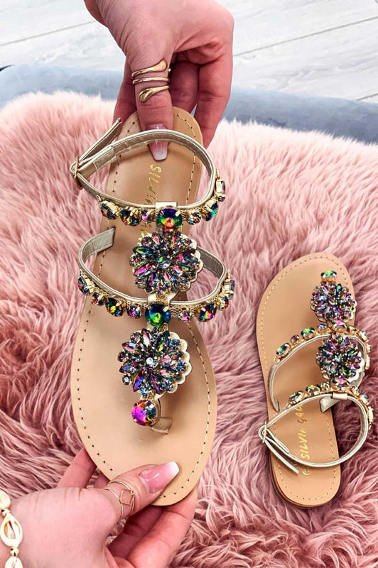 Sandalias planas tipo chancla joya multicolor con piedras