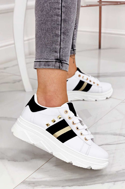 White sneakers with studs and gold inserts
