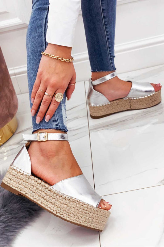 LICIA - Metallic silver espadrilles with wedge and ankle strap