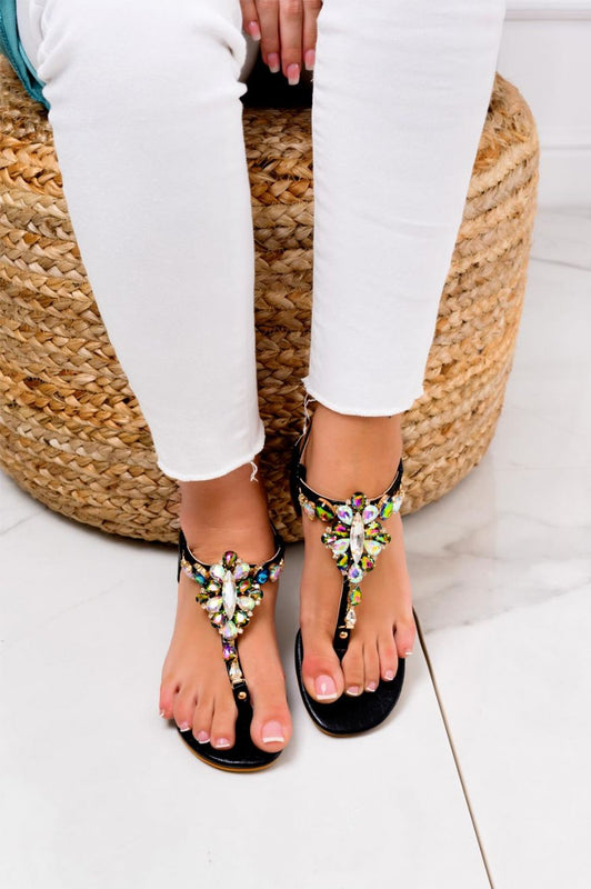 Black jeweled thong sandals with low heel