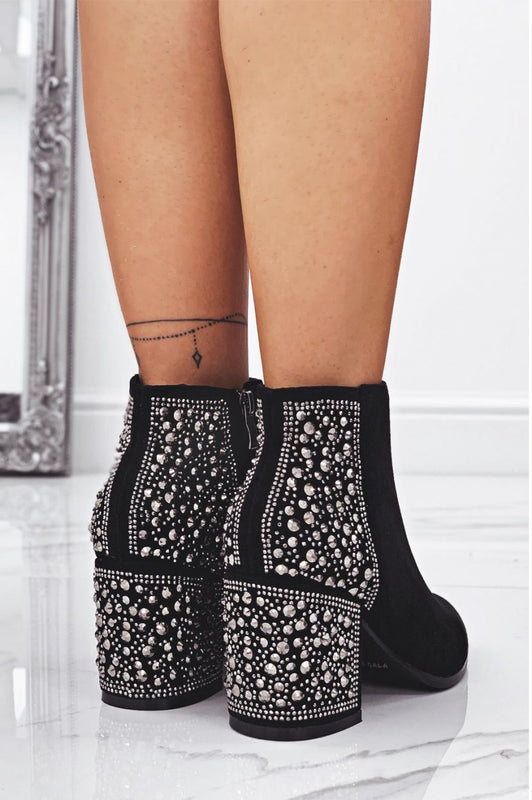 Black ankle boots with jeweled rhinestones
