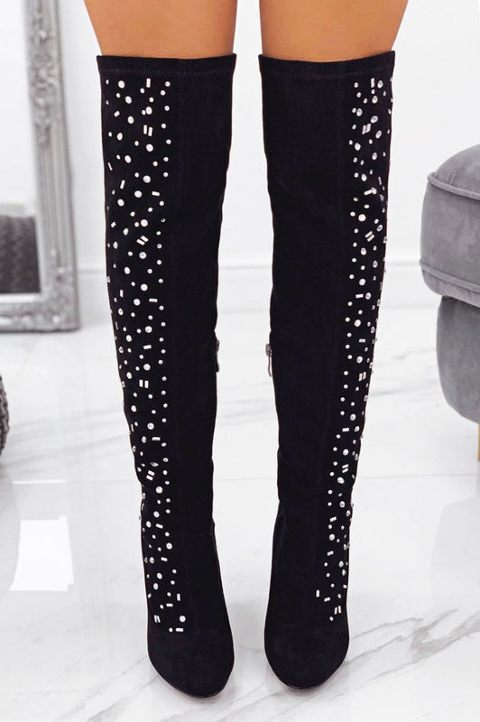 Cuissardes noires à talons hauts avec strass