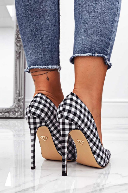 LEXIE - Escarpins en tissu à carreaux noir et blanc avec talon haut