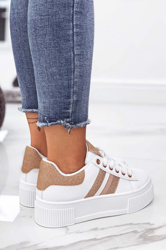 Sneakers bianche con lacci e inserti glitter oro rosa