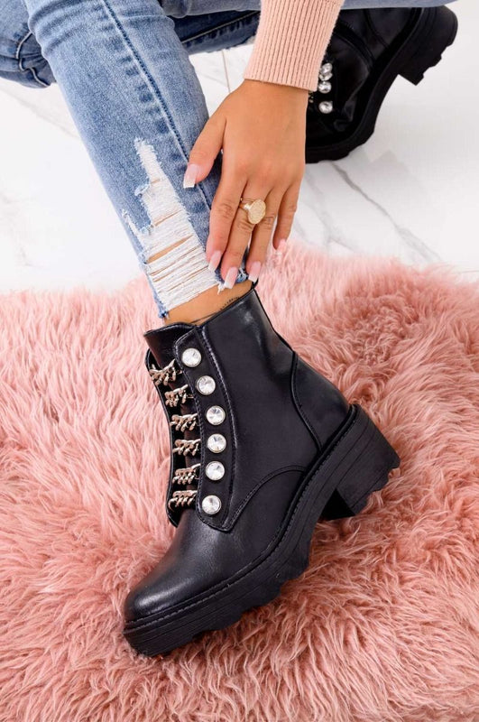 Black biker ankle boots with chains and rhinestones