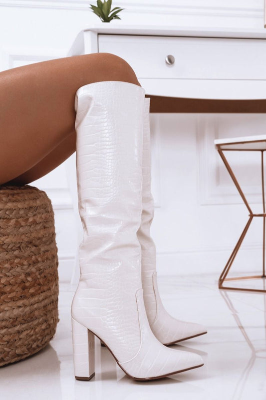 Jill - Botas blancas de tacón con estampado de cocodrilo