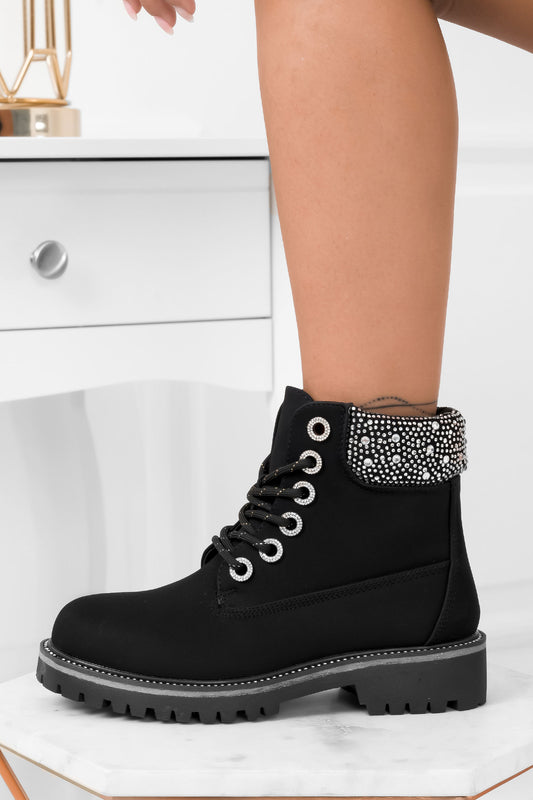 Bottines noires style rangers avec strass sur le bord