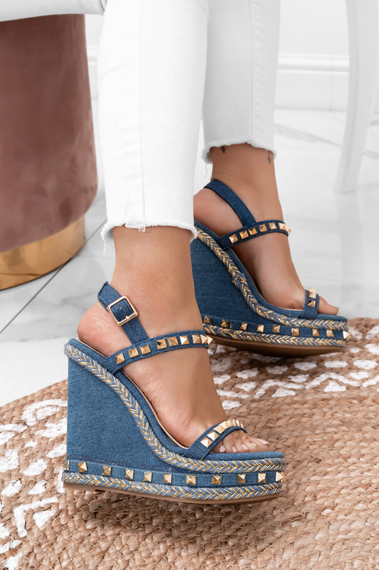 Blue denim sandals with wedge heel and gold studs