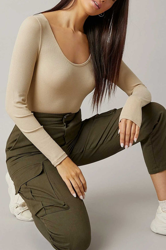 Body beige à manches longues côtelé