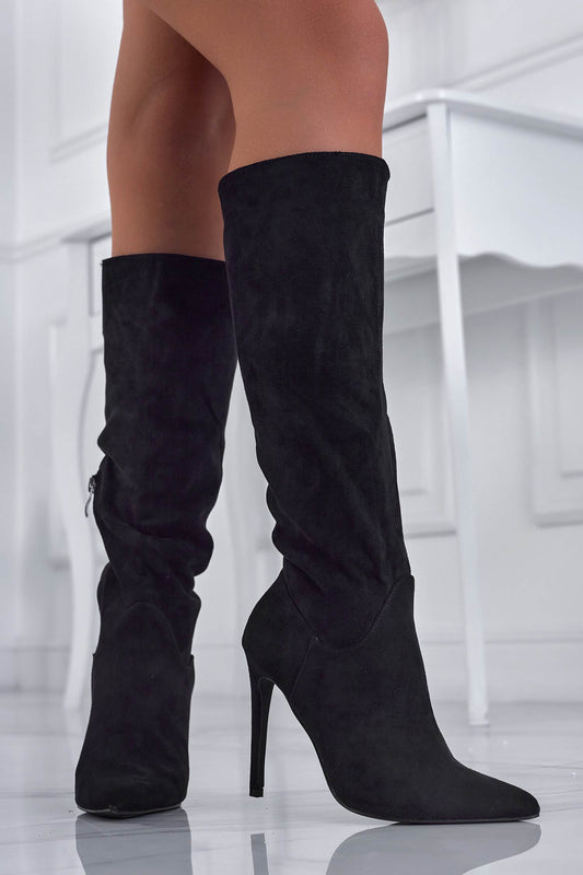 Black suede stiletto heel boots