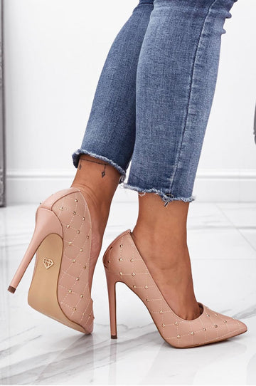 LOVELY - Zapatos de tacón rosa acolchados con tachuelas doradas