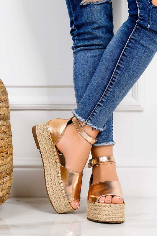 LICIA - Metallic rose gold espadrilles with wedge and ankle strap