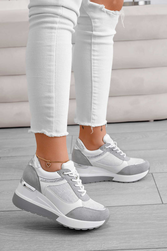 Gray sneakers with silver glitter fabric inserts