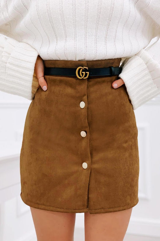Jupe avec boutons dorés en tissu suédé Camel