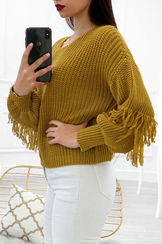 Sweater with balloon sleeves and fringes Mustard Yellow