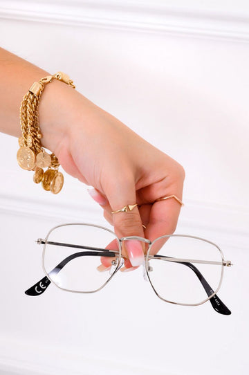 Glasses with clear lenses and silver frame