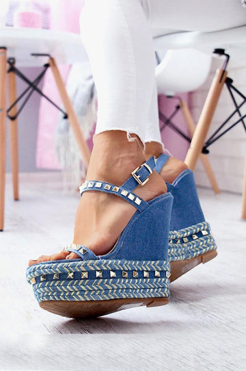 Wedge sandals in denim with studs Togo Blue