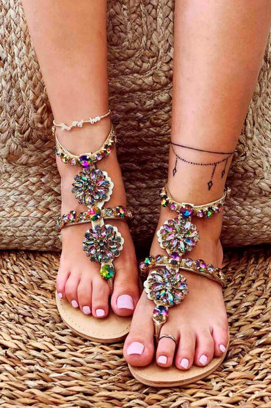 Sandalias planas tipo chancla joya multicolor con piedras