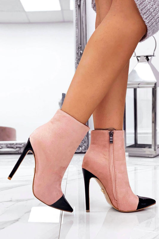 Pink suede ankle boots with heel and black patent leather toe