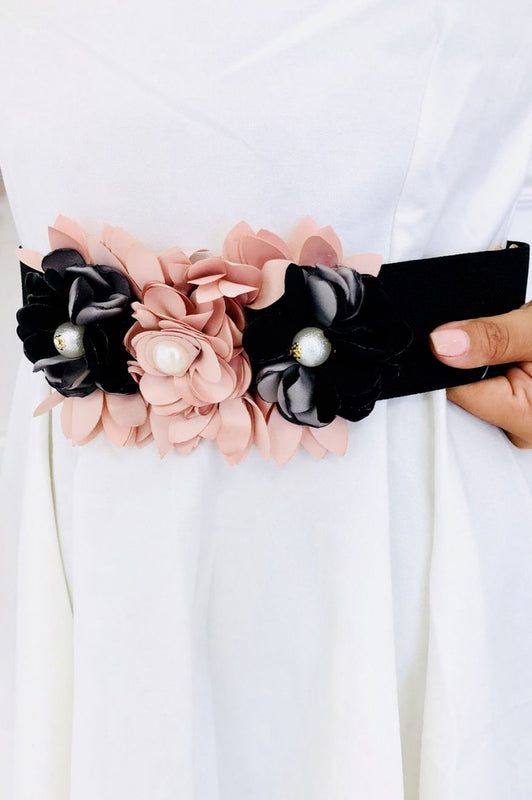 Ceinture à taille élastique avec fleurs appliquées Noire