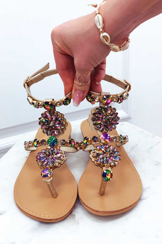 Sandalias planas tipo chancla joya multicolor con piedras